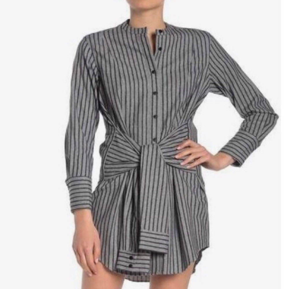DEREK LAM 10 CROSBY Striped Tie Waist Cotton Shirtdress Grey Midnight 8 NEW NWT